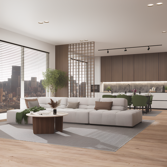 Renovated apartment interior with city view