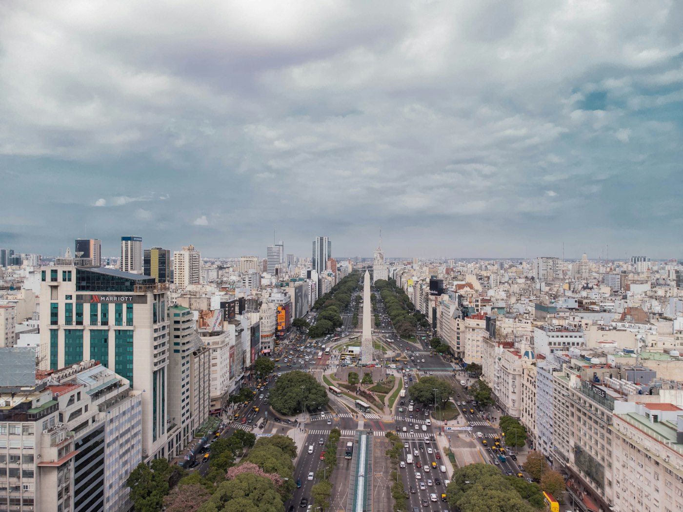Aerial view of an Argentine city with high-rise buildings
